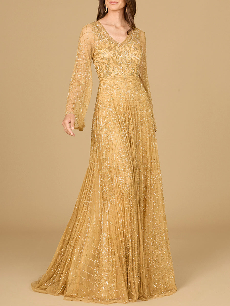 Beaded Long Dress with Flare Sleeves - JUSTLUXURY