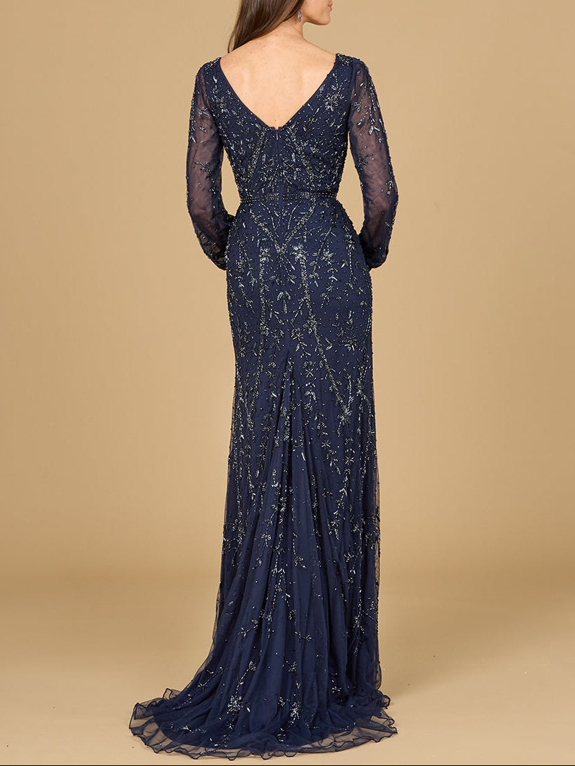 V-Neck Beaded Gown with Sleeves - JUSTLUXURY