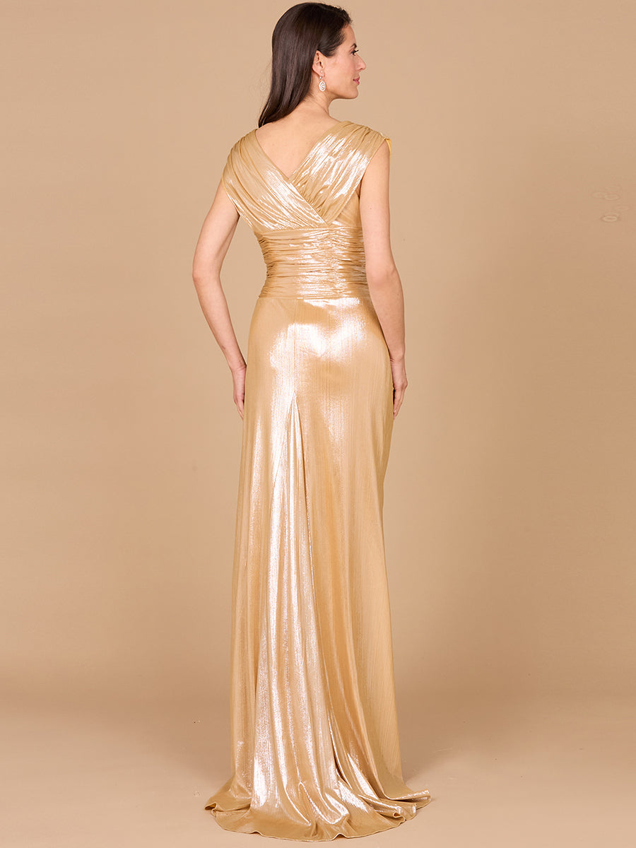 V-Neck Metallic Dress with Slit - OUTLET - JUSTLUXURY