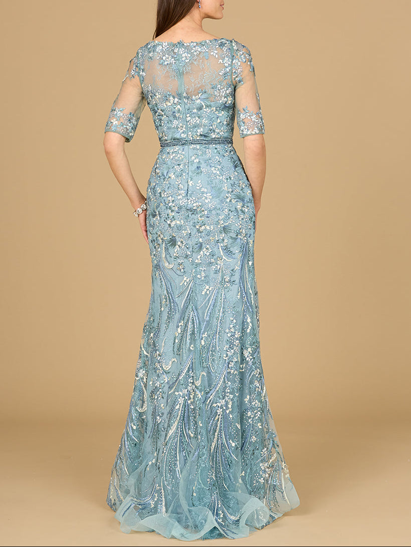 Short Sleeve Lace Fitted Gown - JUSTLUXURY