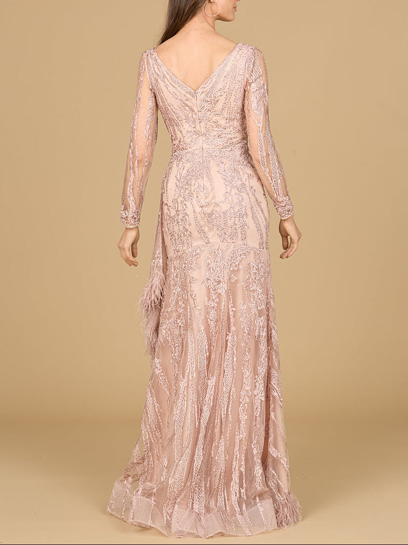 Long Sleeve V-Neck Lace Gown with Feathers - JUSTLUXURY