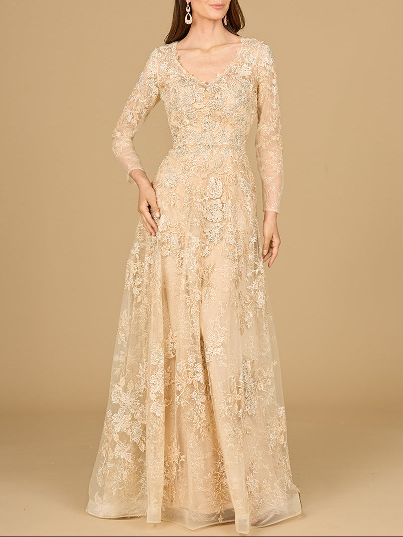 Lace Ballgown with Long Sleeves - JUSTLUXURY