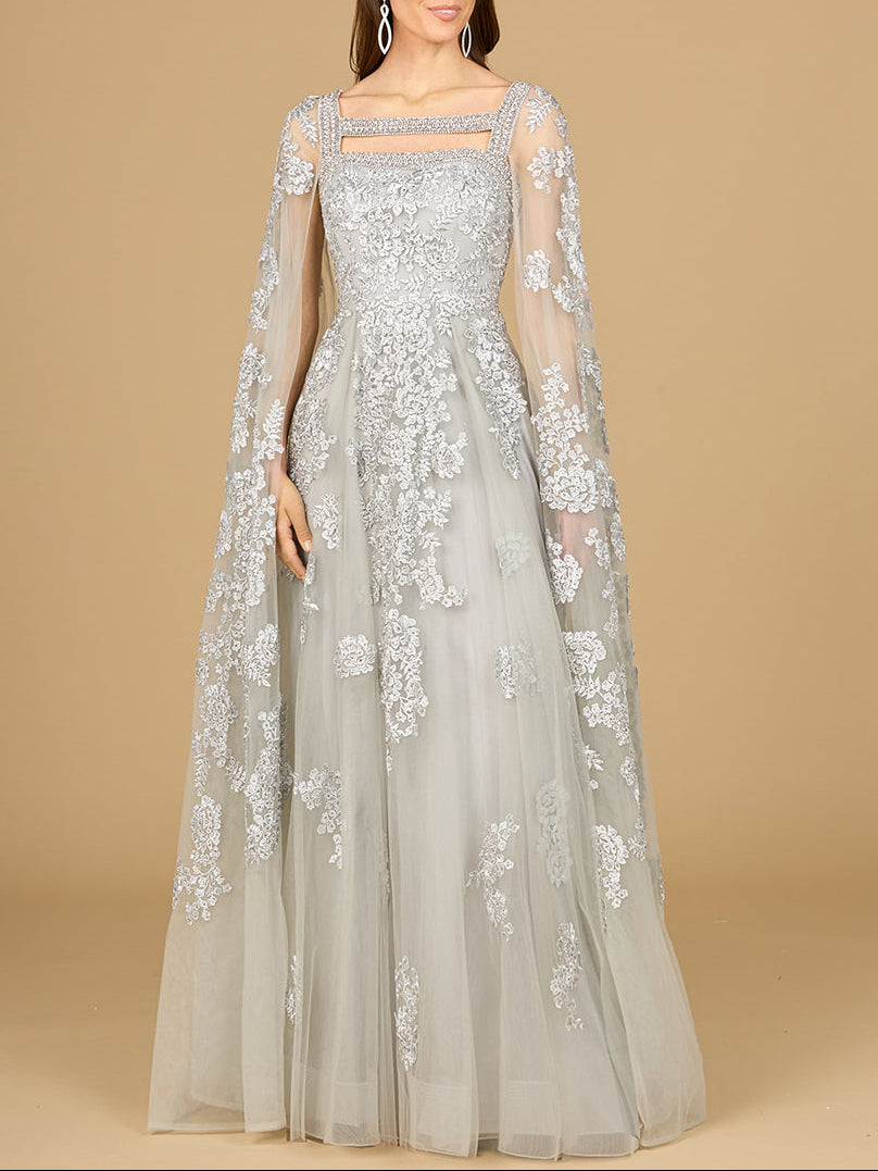 Lace Embroidered Gown with Long Cape Sleeves - JUSTLUXURY