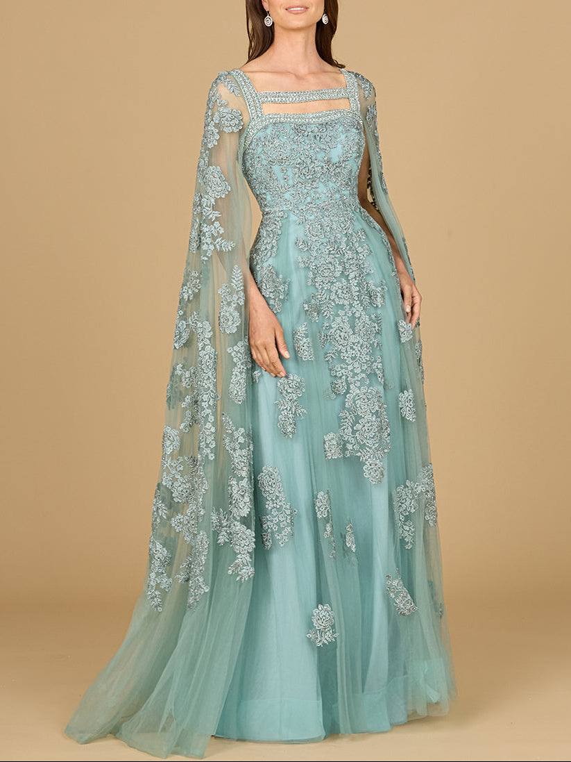 Lace Embroidered Gown with Long Cape Sleeves - JUSTLUXURY