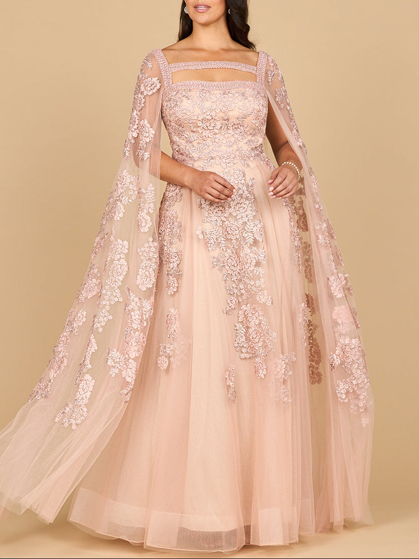 Lace Embroidered Gown with Long Cape Sleeves - JUSTLUXURY