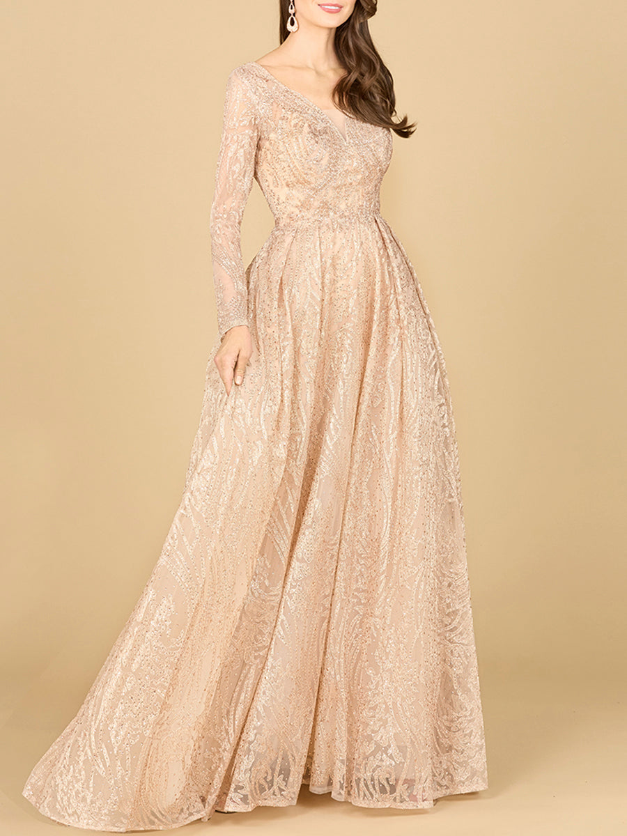 Long Sleeve, A-line Gown with a V-Neckline - JUSTLUXURY
