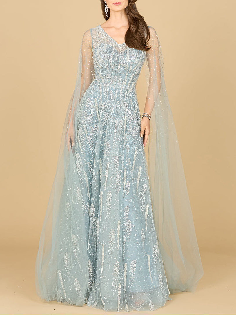 Lace Gown with Cape Sleeves and V-neckline - JUSTLUXURY