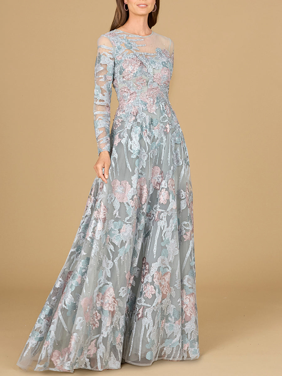 Illusion Neck, Long Sleeve Ballgown - JUSTLUXURY