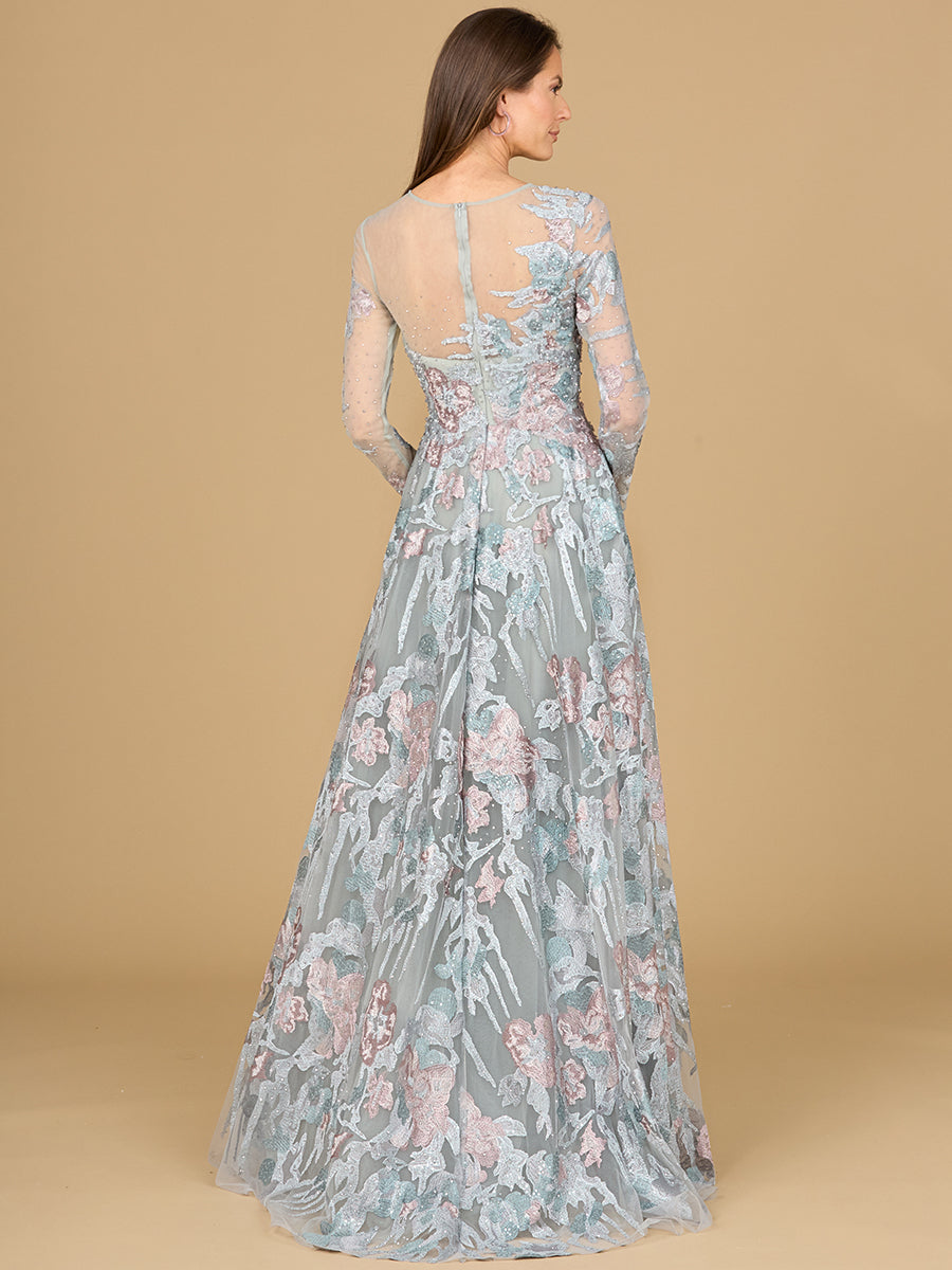 Illusion Neck, Long Sleeve Ballgown - JUSTLUXURY