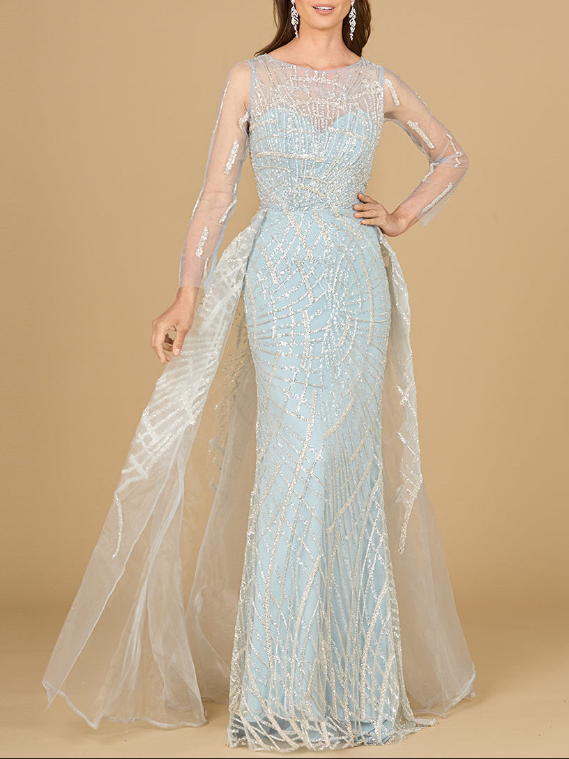 Long Sleeve Lace Gown with Tulle Overskirt - JUSTLUXURY