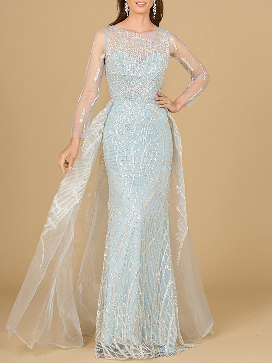 Long Sleeve Lace Gown with Tulle Overskirt - JUSTLUXURY