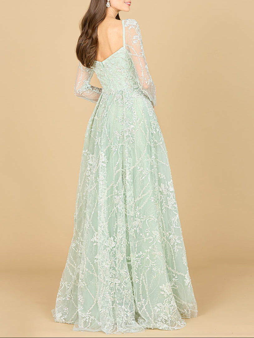 Long Sleeve Beaded Lace Gown - JUSTLUXURY