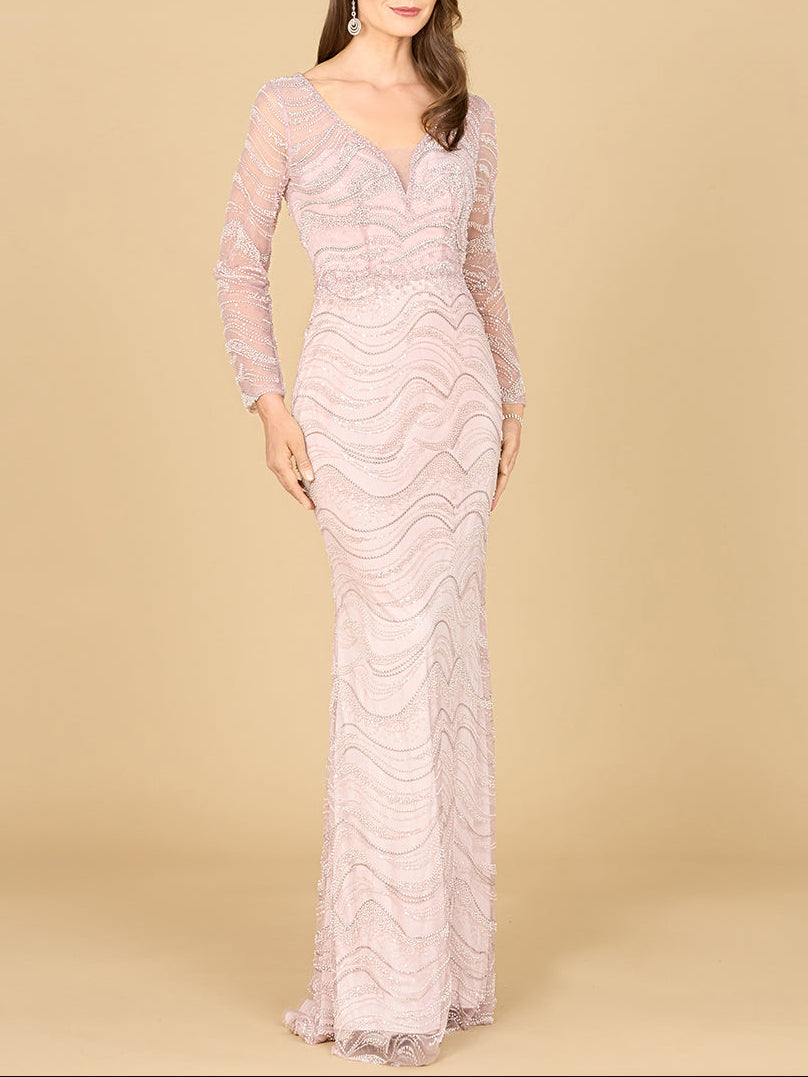 Long Sleeve Lace Fitted Gown - JUSTLUXURY