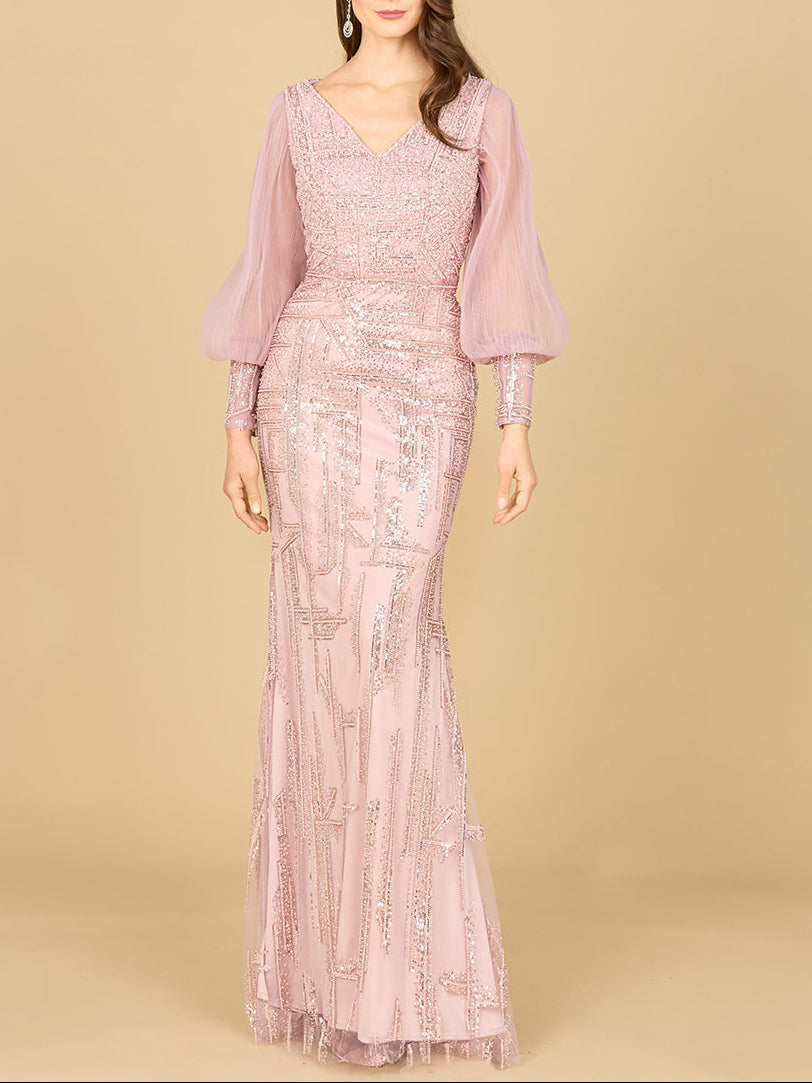 Long Sleeve Lace Gown with Removable Over Skirt - JUSTLUXURY