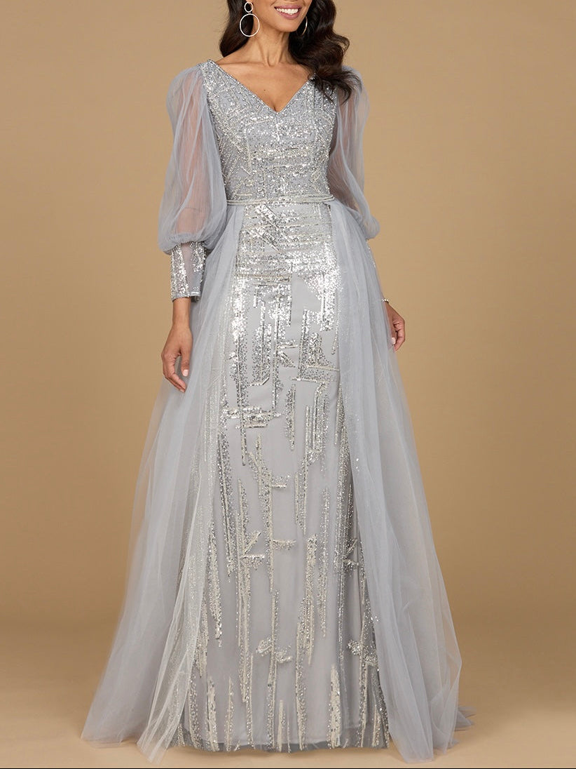 Long Sleeve Lace Gown with Removable Over Skirt - JUSTLUXURY