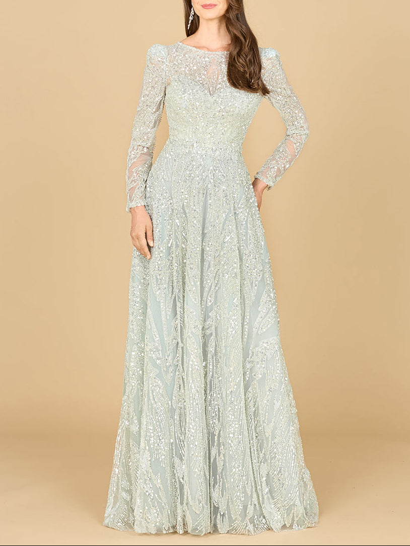 Long Sleeve Beaded Lace Gown - JUSTLUXURY