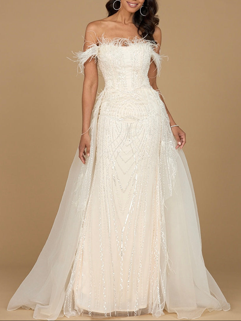 Off Shoulder Gown with Feathers - JUSTLUXURY