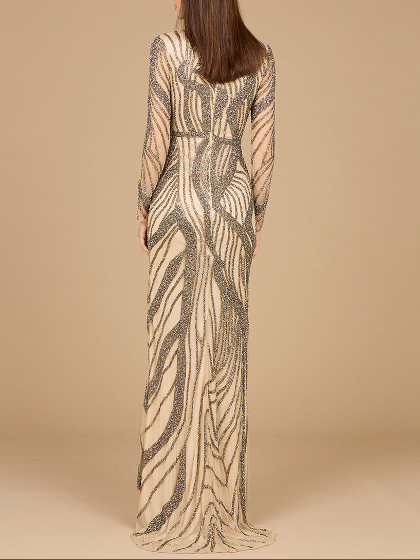 Cascading Beads Long Sleeve Dress - OUTLET - JUSTLUXURY