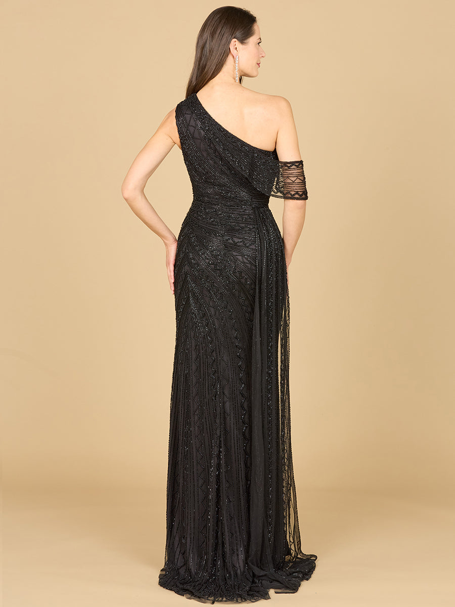 Beaded One Shoulder Dress with Train - JUSTLUXURY
