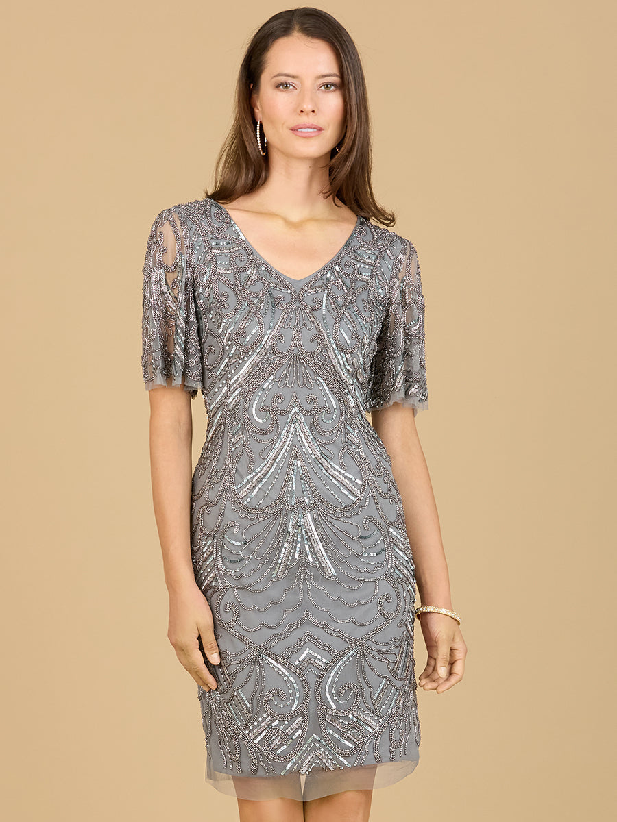 Beaded Cocktail Dress with Short Sleeves - OUTLET - JUSTLUXURY