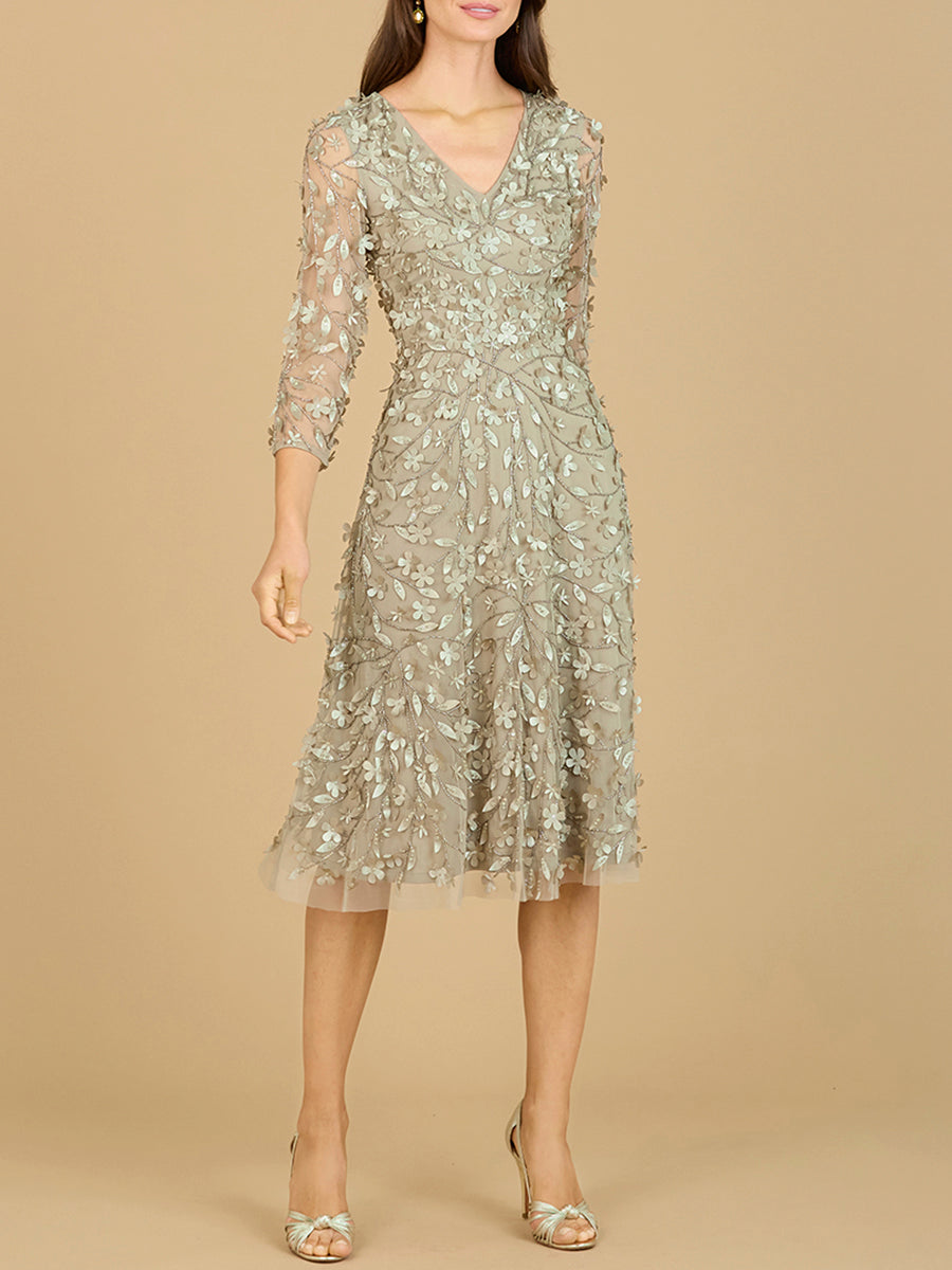 Flowing, 3D Embroidered Midi Dress with Sleeves - JUSTLUXURY