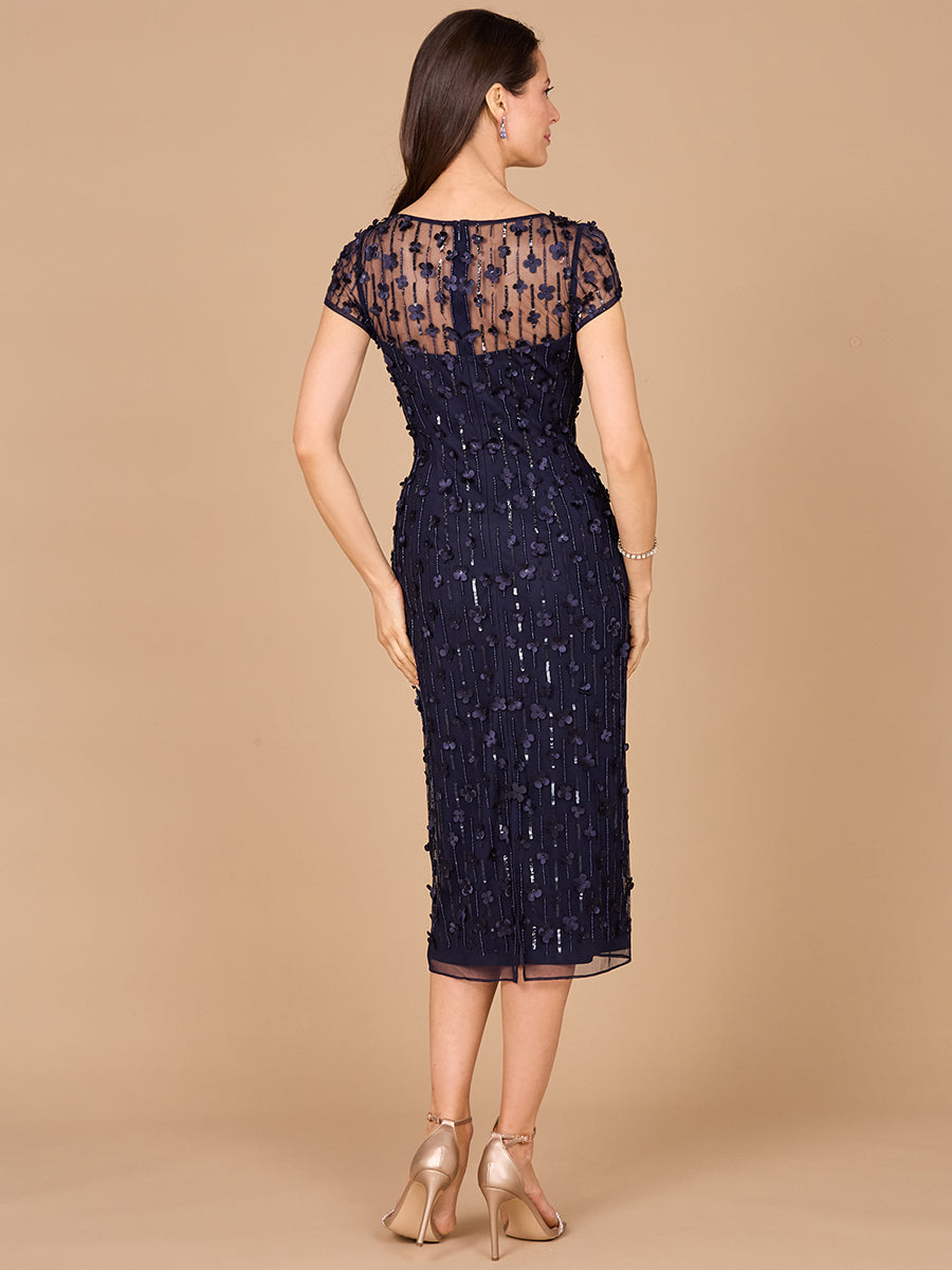 3D Applique Midi Dress with Cap Sleeves - JUSTLUXURY