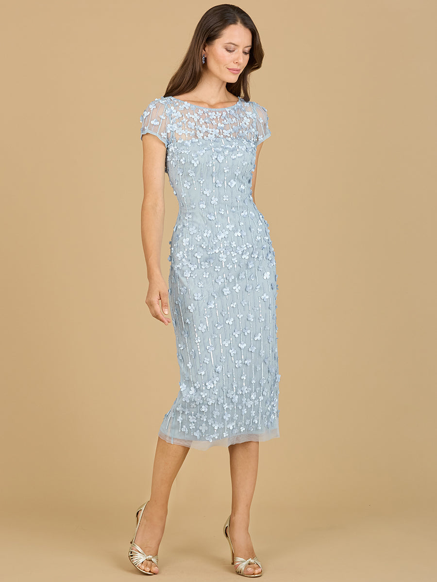 3D Applique Midi Dress with Cap Sleeves - JUSTLUXURY