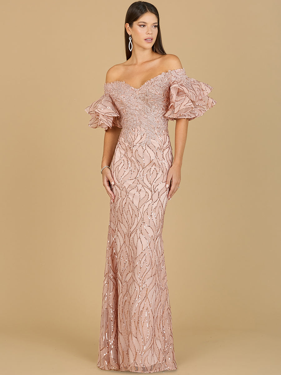 Off Shoulder Mermaid Beaded Gown with Tiered Sleeves - JUSTLUXURY