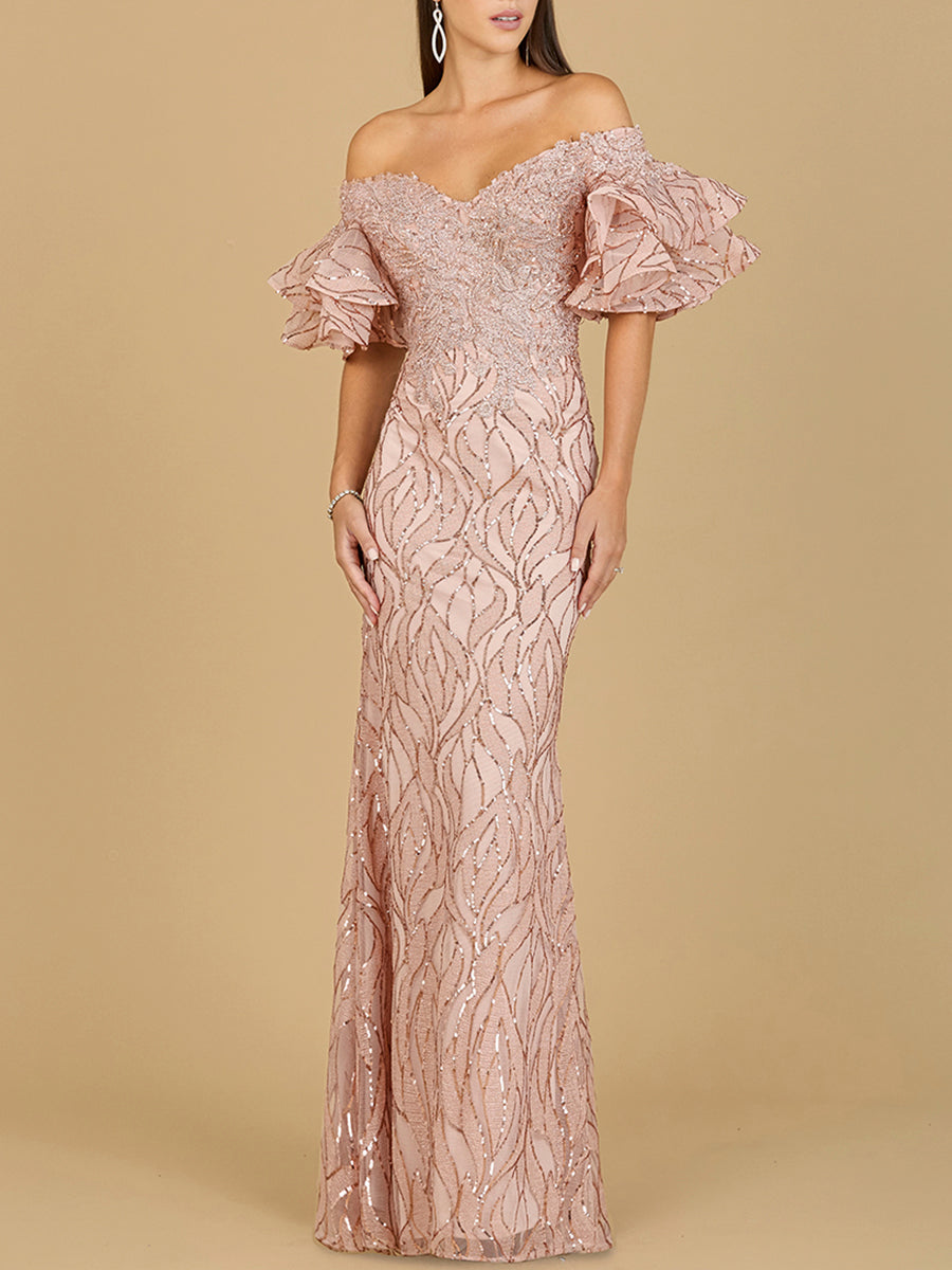 Off Shoulder Mermaid Beaded Gown with Tiered Sleeves - JUSTLUXURY
