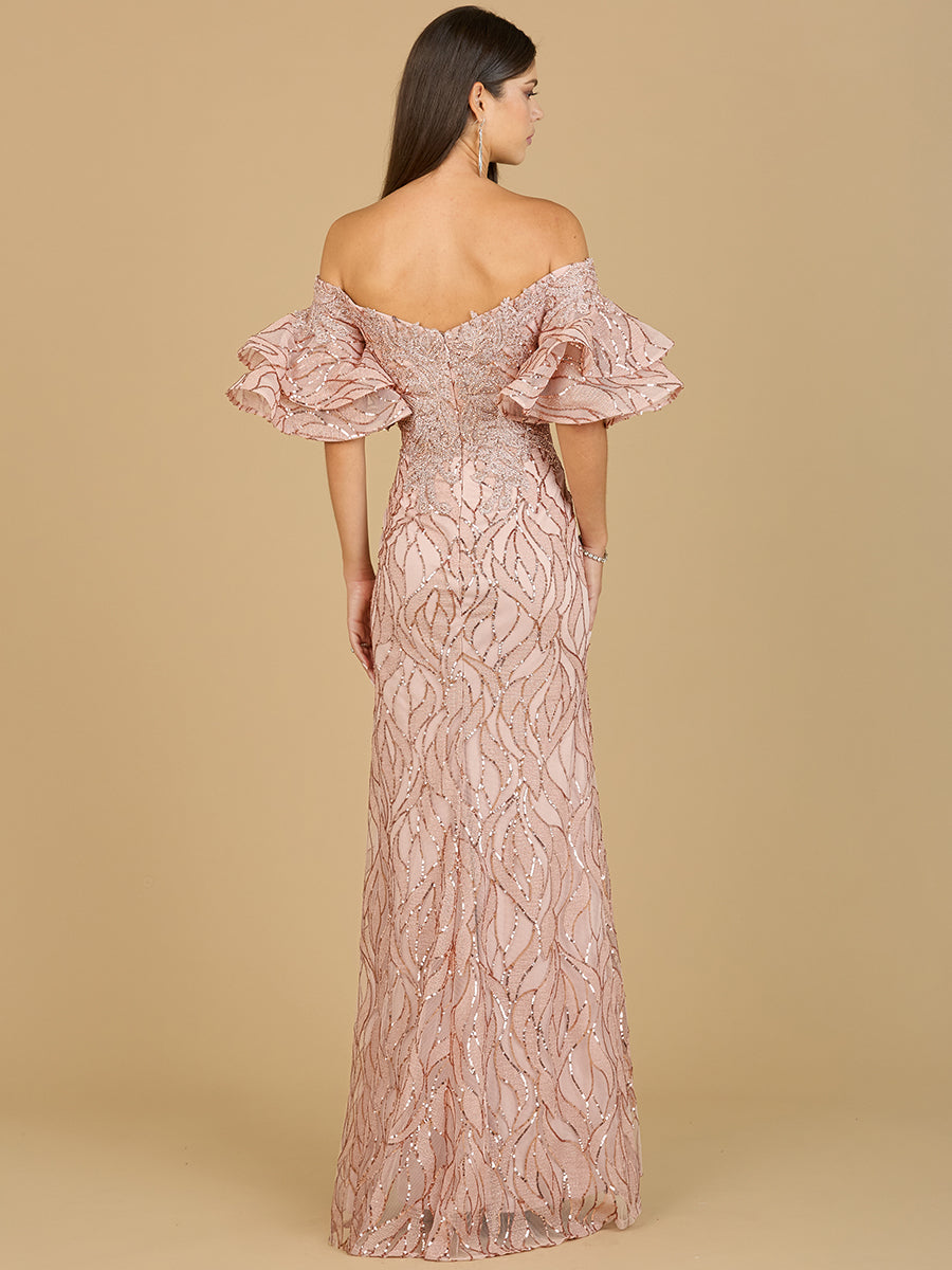 Off Shoulder Mermaid Beaded Gown with Tiered Sleeves - JUSTLUXURY