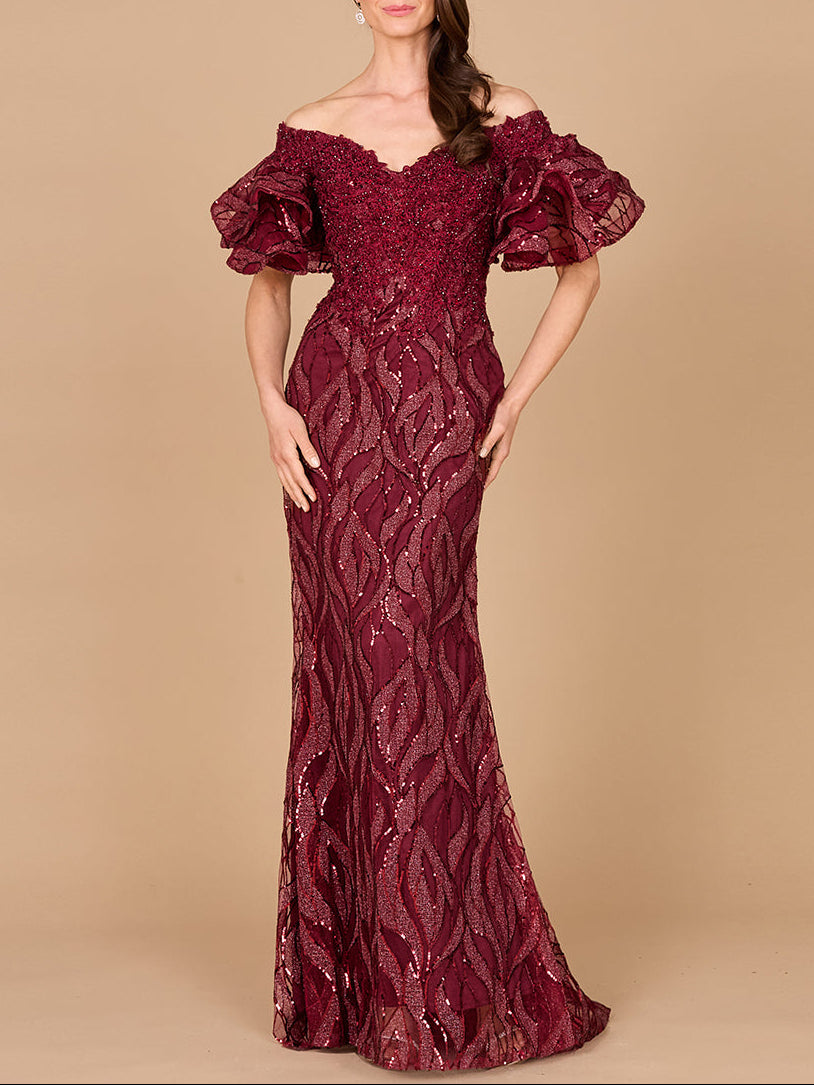 Off Shoulder Mermaid Beaded Gown with Tiered Sleeves - JUSTLUXURY