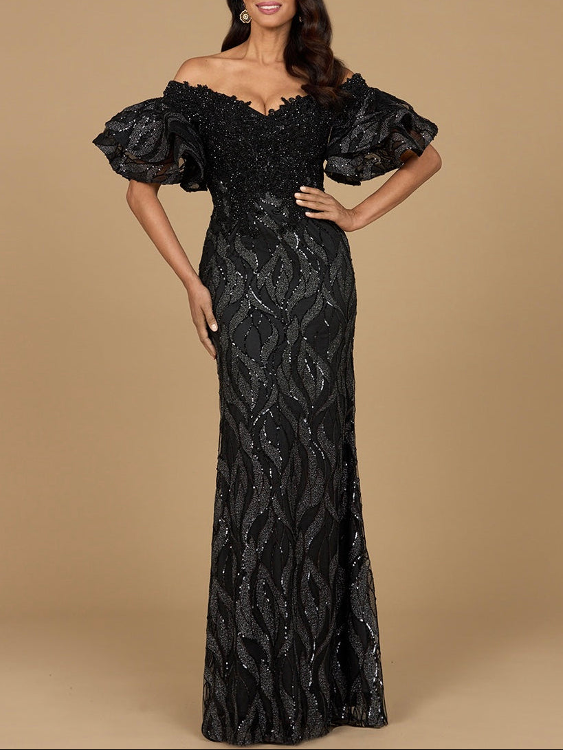 Off Shoulder Mermaid Beaded Gown with Tiered Sleeves - JUSTLUXURY