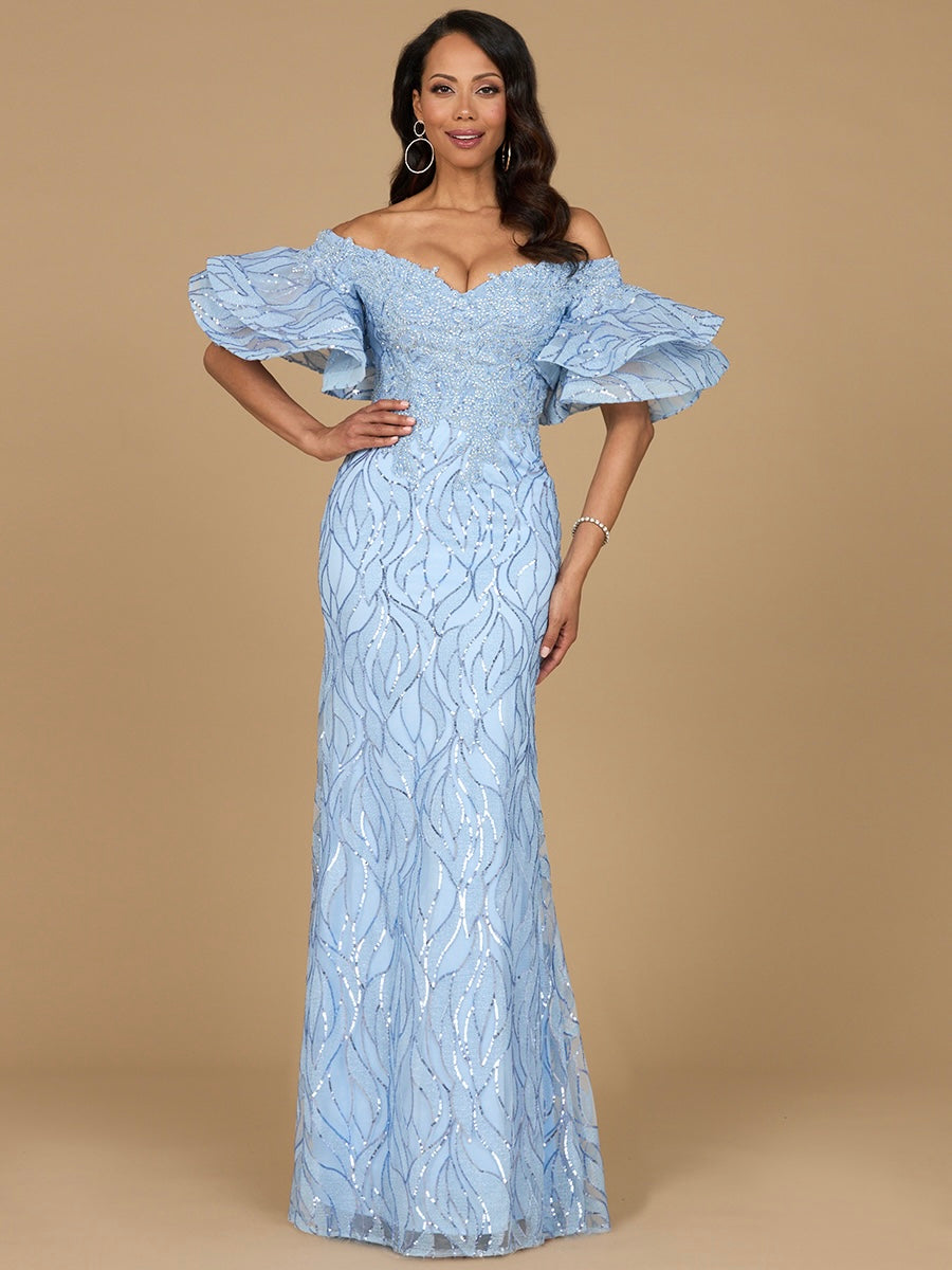 Off Shoulder Mermaid Beaded Gown with Tiered Sleeves - JUSTLUXURY