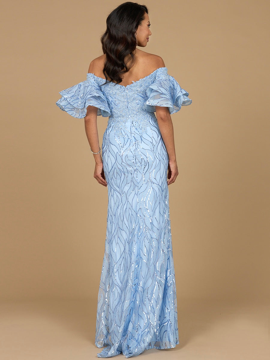 Off Shoulder Mermaid Beaded Gown with Tiered Sleeves - JUSTLUXURY
