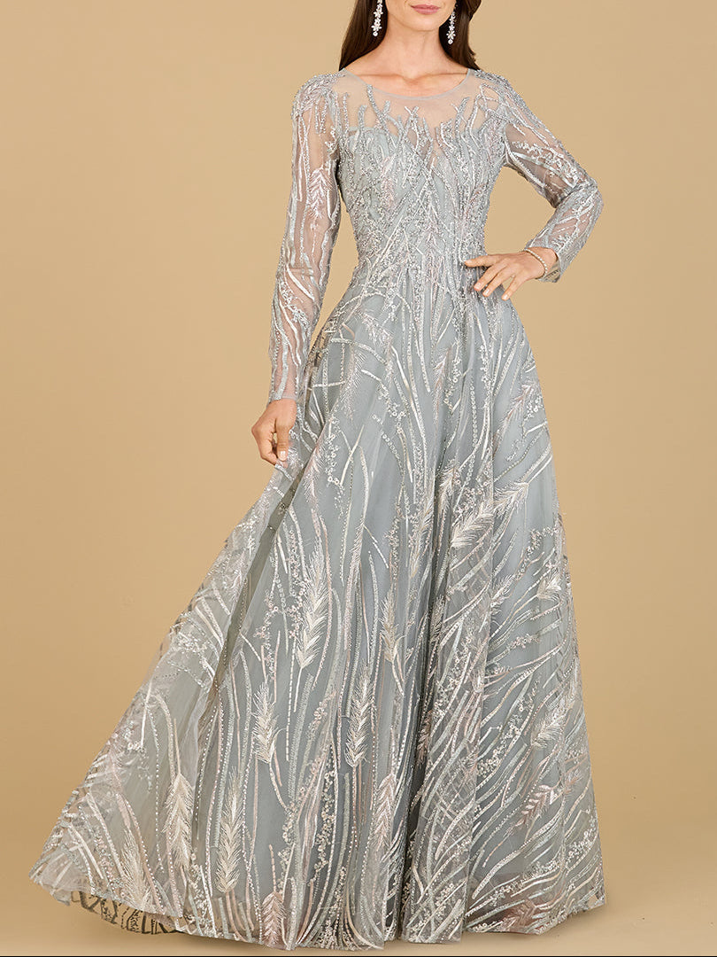 Long Sleeve Illusion Neck Gown - JUSTLUXURY