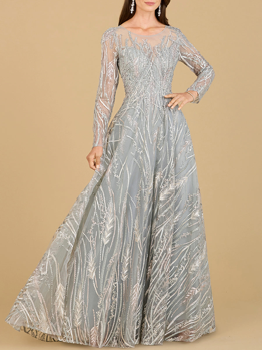Long Sleeve Illusion Neck Gown - JUSTLUXURY