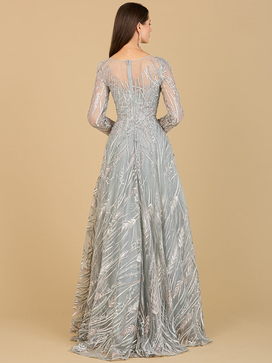 Long Sleeve Illusion Neck Gown - JUSTLUXURY