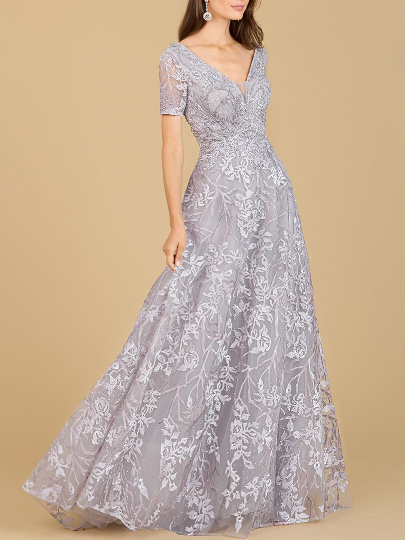 Short Sleeve Lace A-Line Dress with V-Neckline - JUSTLUXURY