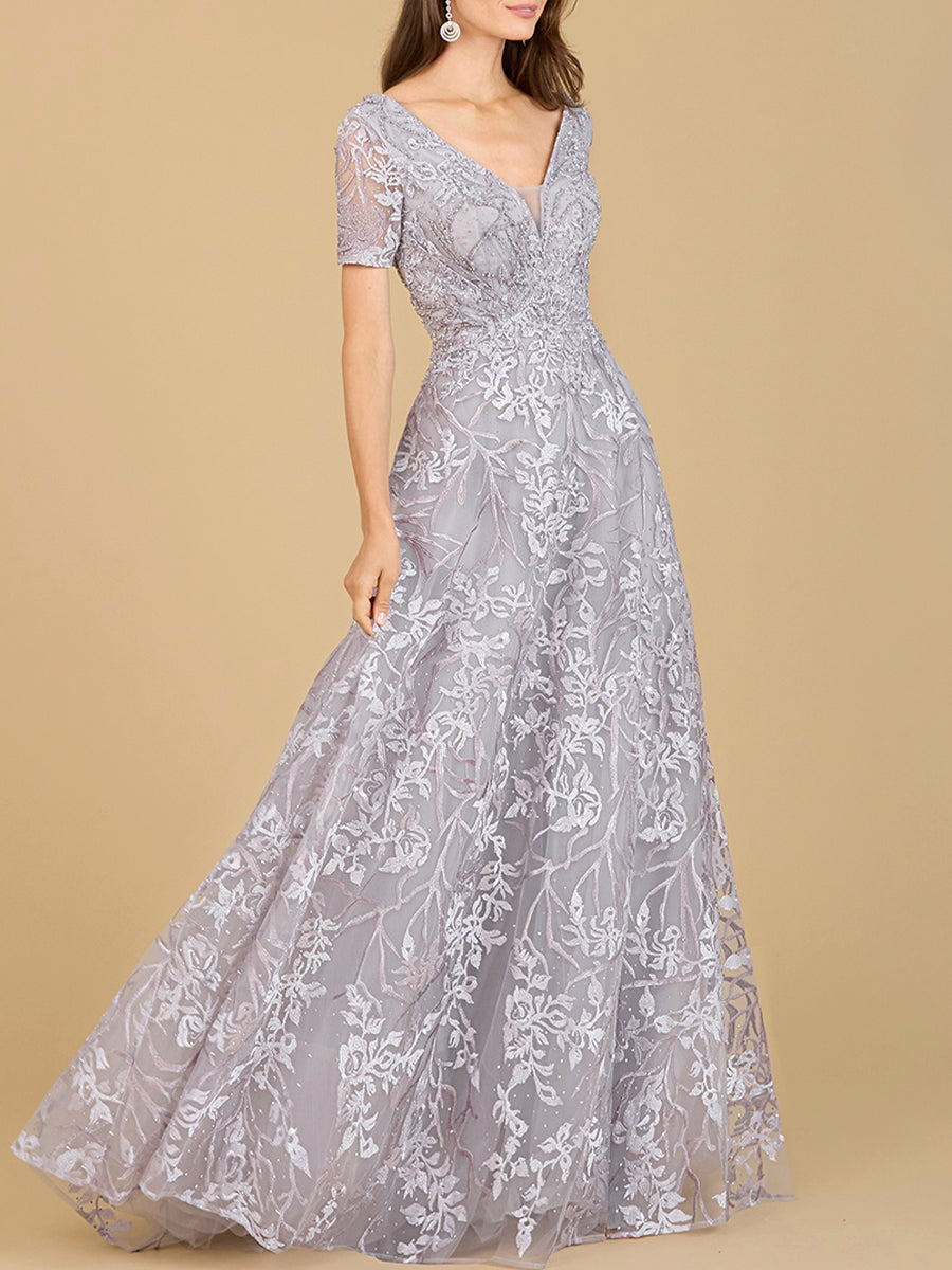 Short Sleeve Lace A-Line Dress with V-Neckline - JUSTLUXURY