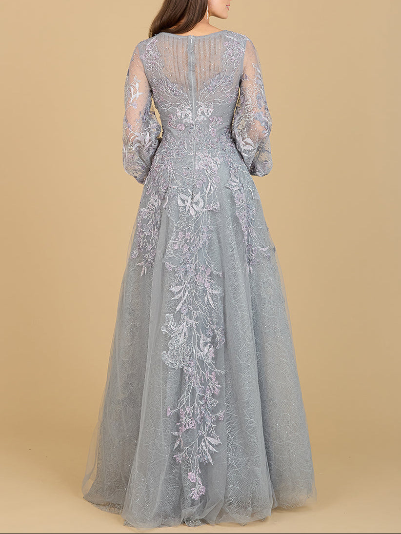 V Neckline Balloon Sleeve Gown - JUSTLUXURY