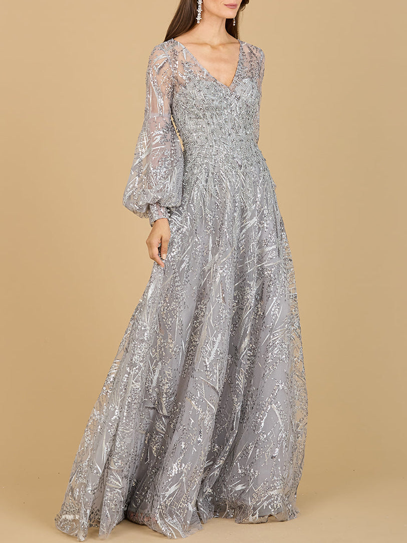 V Neckline Long Sleeve Gown - JUSTLUXURY