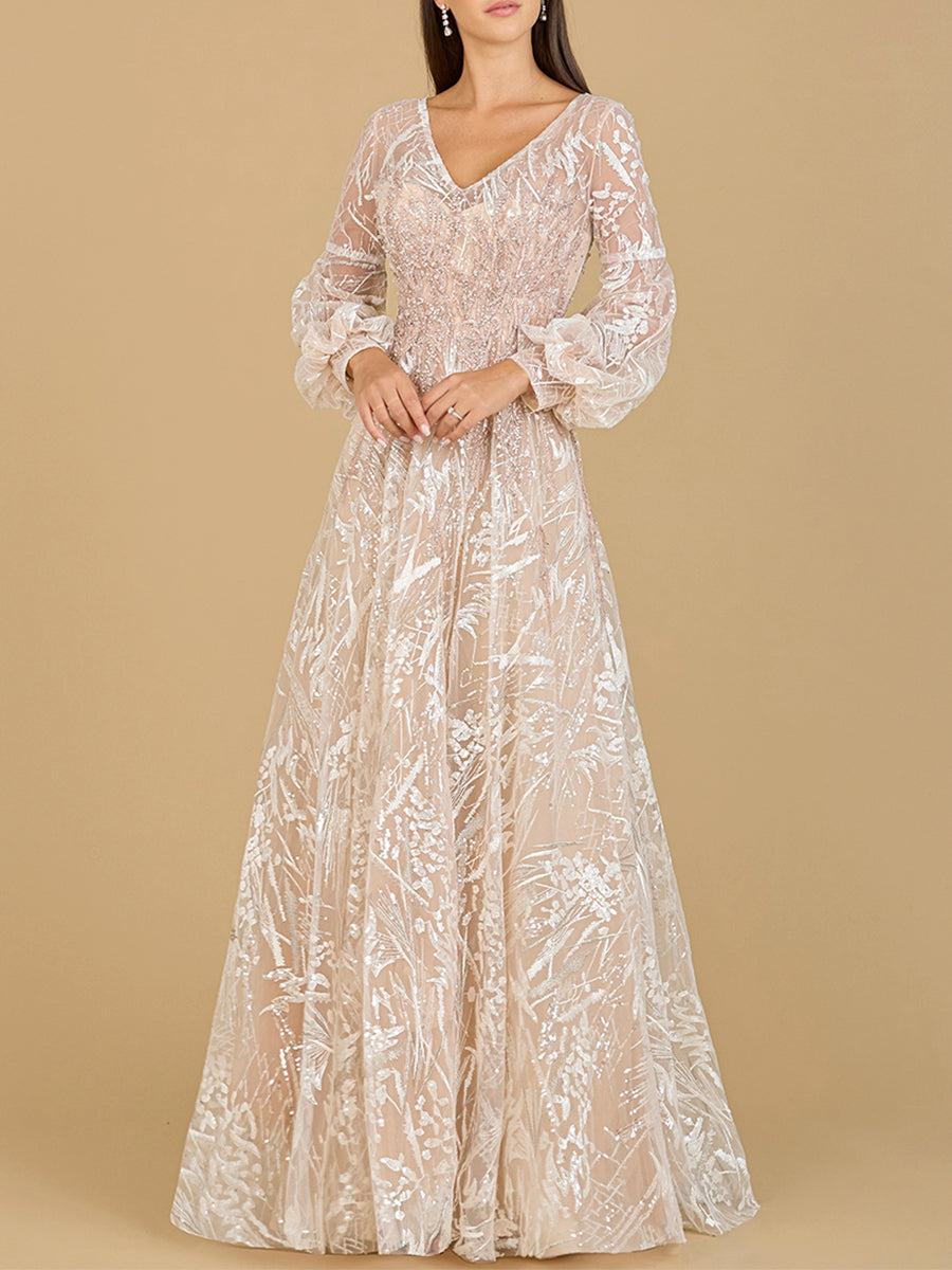 V Neckline Long Sleeve Gown - JUSTLUXURY