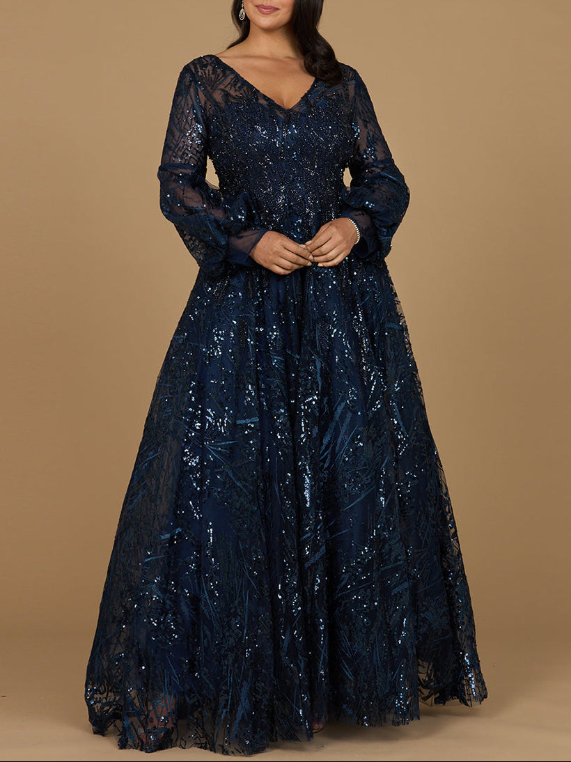 V Neckline Long Sleeve Gown - JUSTLUXURY