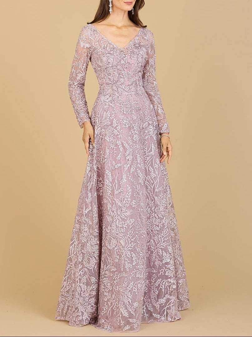 A-line Gown With Long Sleeves, V-Neckline - JUSTLUXURY
