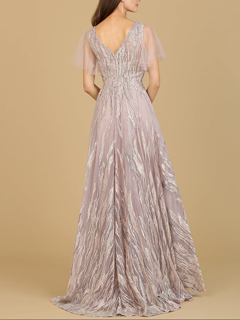 Cape Sleeve V-Neck Gown - OUTLET - JUSTLUXURY