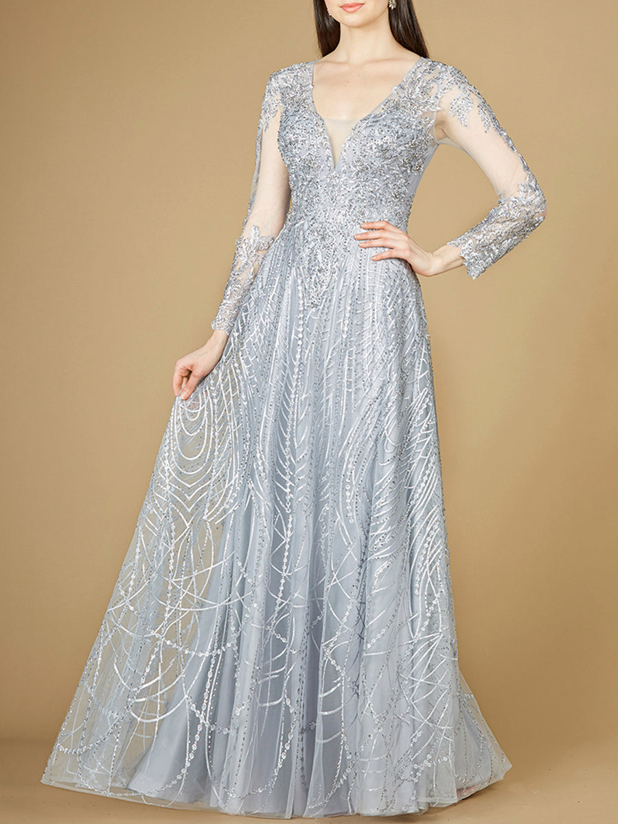 Long Sheer Sleeve V-Neckline Sheath Gown - JUSTLUXURY