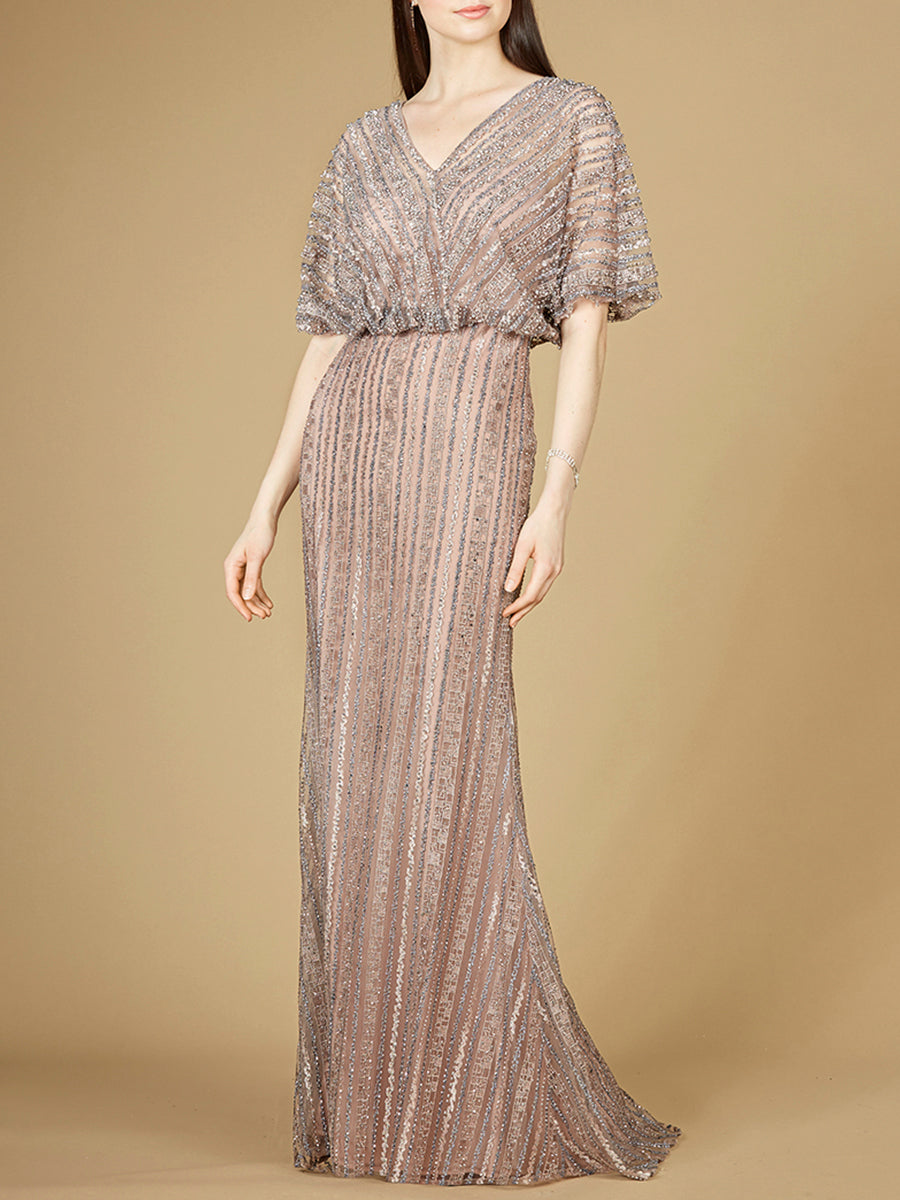 Cape Sleeve V-Neck Gown with Geometric Beading - JUSTLUXURY