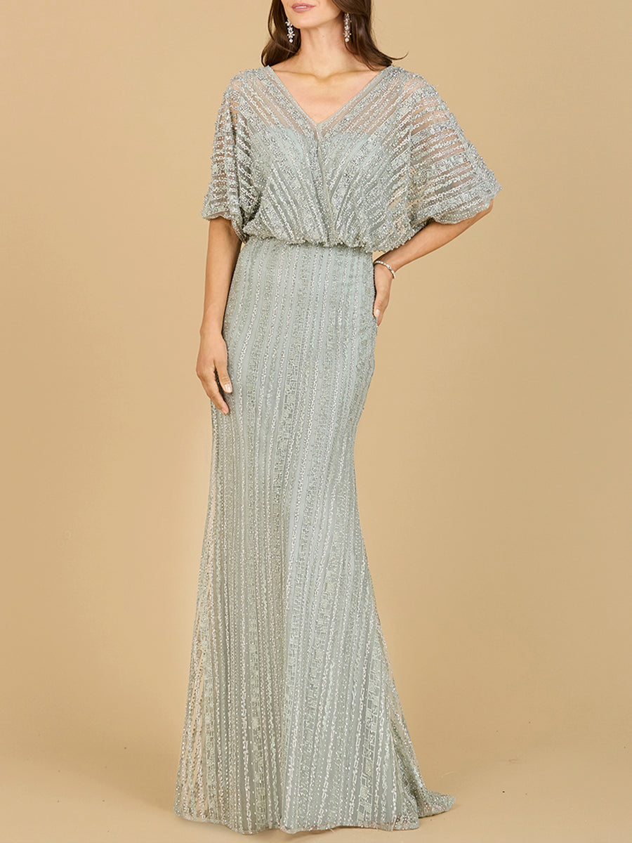 Cape Sleeve V-Neck Gown with Geometric Beading - JUSTLUXURY
