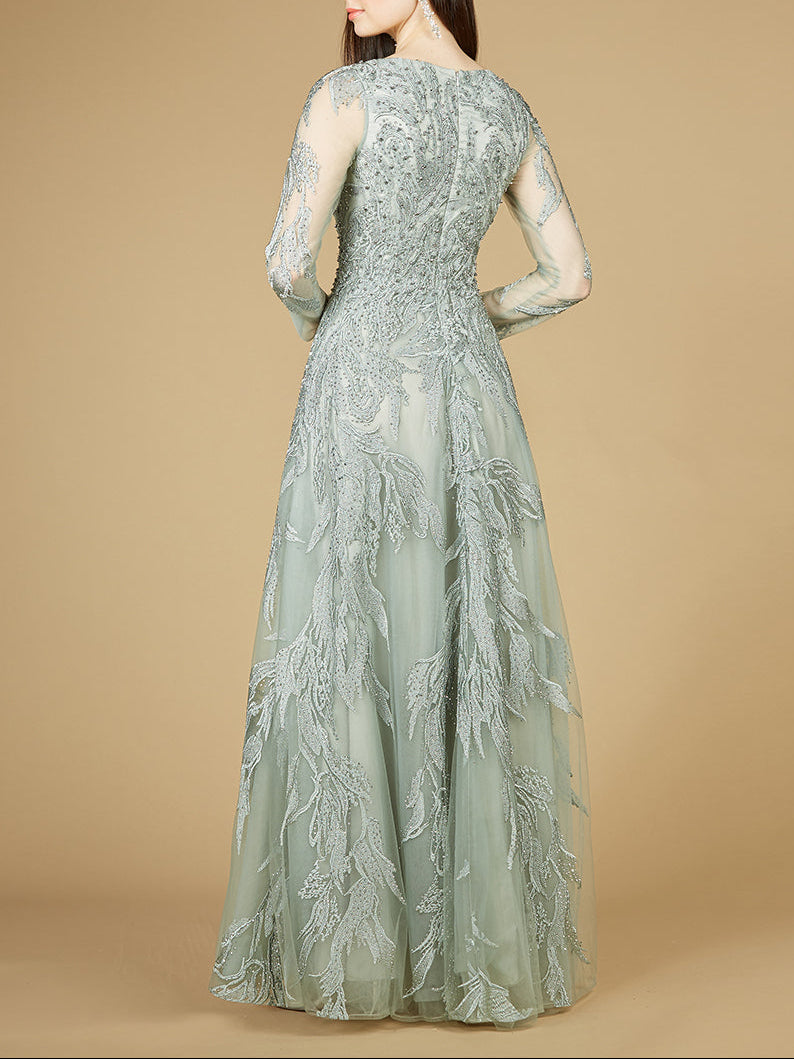 Long Sleeve Lace Ballgown with V-Neck - JUSTLUXURY