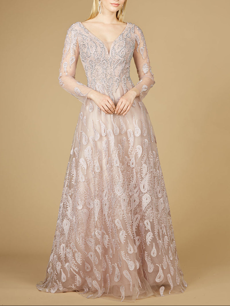 Long Sleeve V-Neck Ballgown - OUTLET